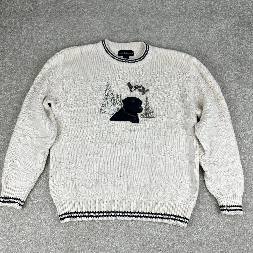 Vintage Mens Medium Cotton Sweater Cream Black Lab Mallard Duck Gorpcore Grandpa
